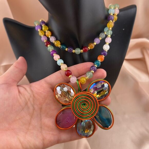 Rainbow Beaded Flower Pendant Necklace – Bold, Colorful & Totally Joyful - Picture 11 of 12